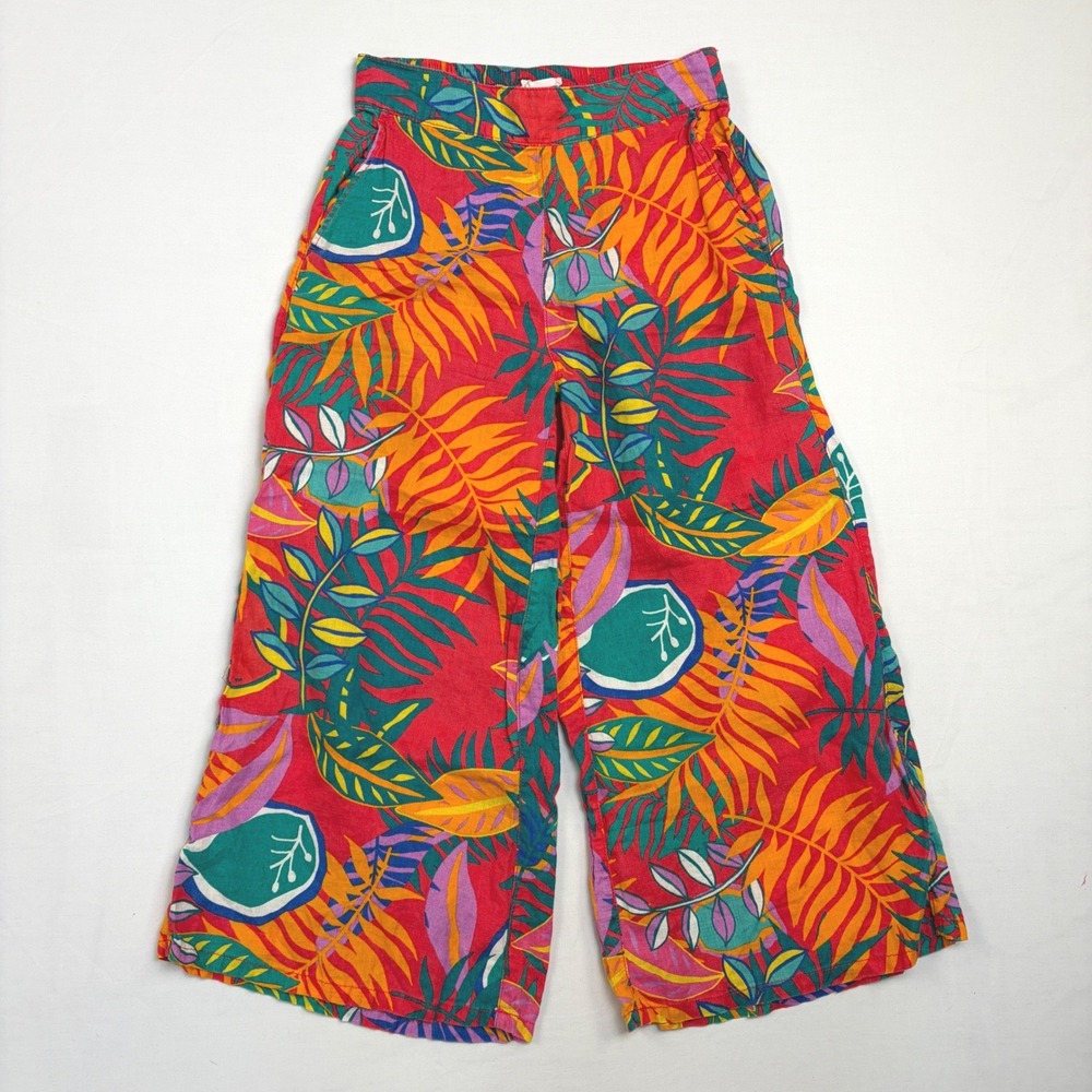 C&C California Tropical Linen Wide Leg Pants Red Orange Floral Womens Small